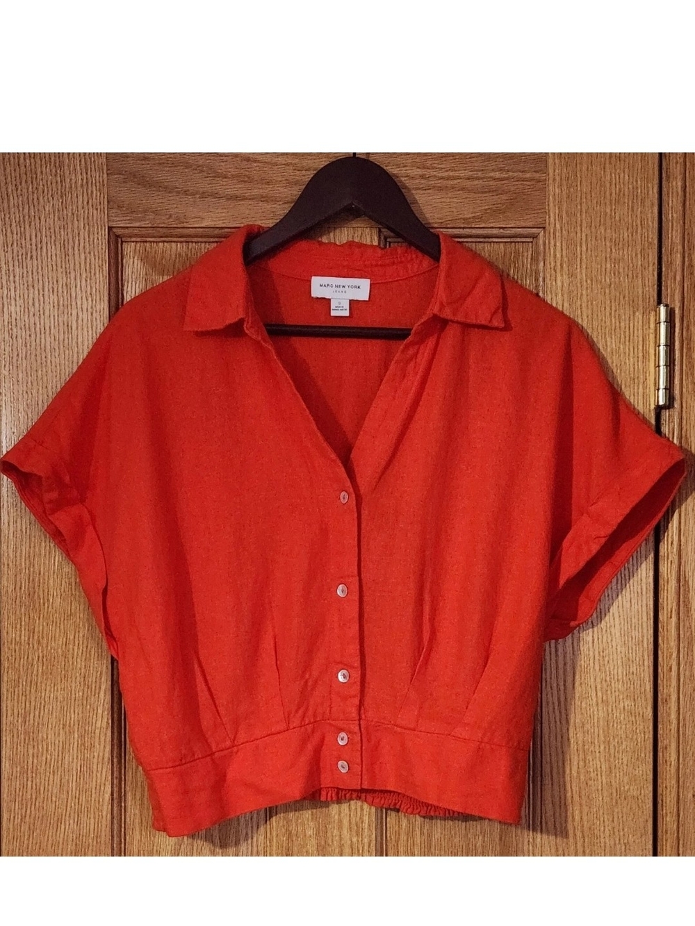 Marc New York Button-Front Sea Shell Cropped Linen Top Women Sz S Orange Resort